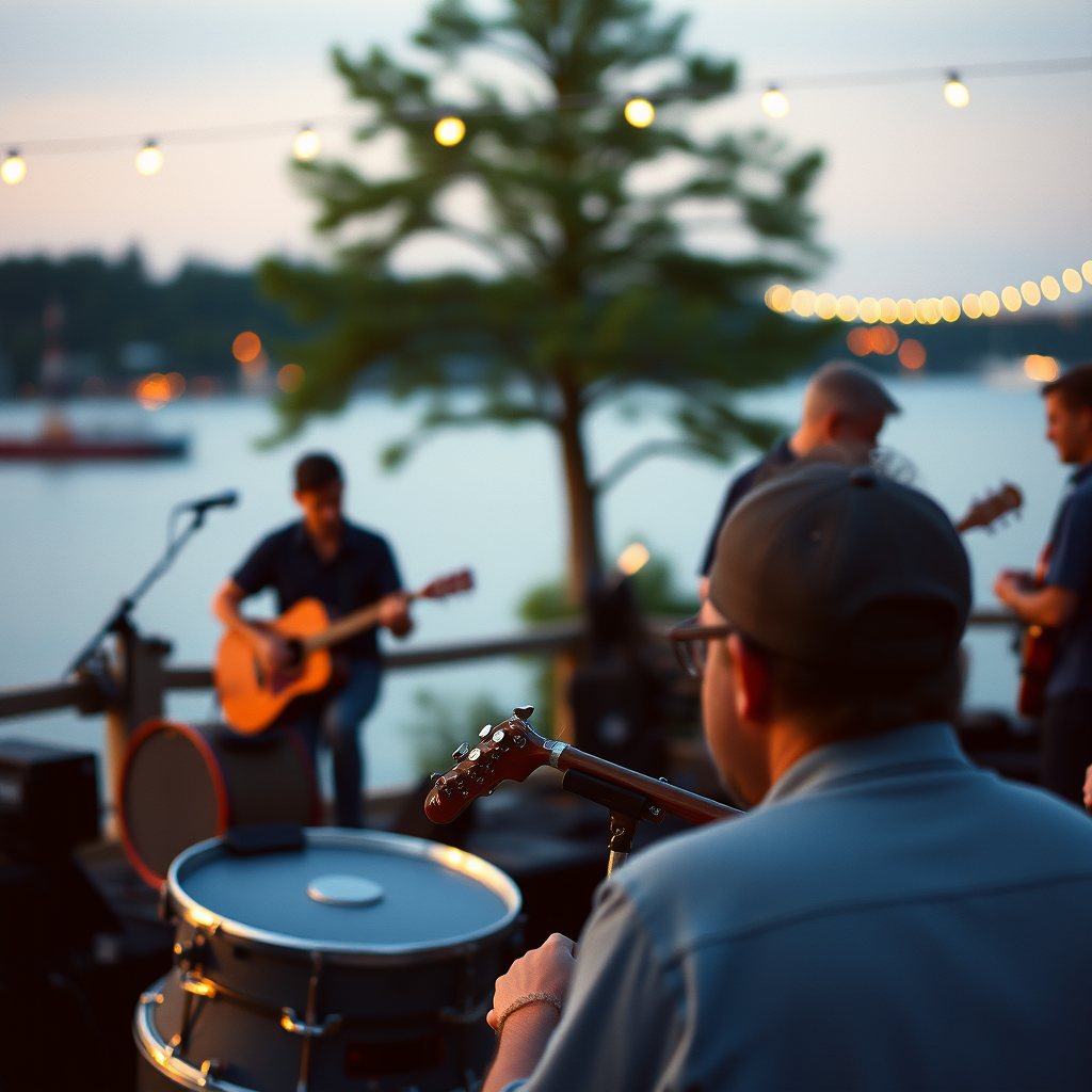 a band playing at a lakefront setting