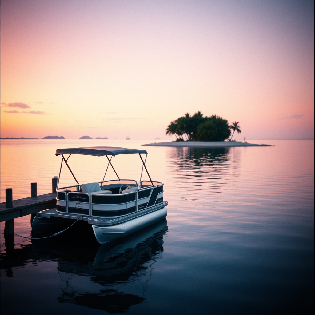 pontoon boat docked at an island