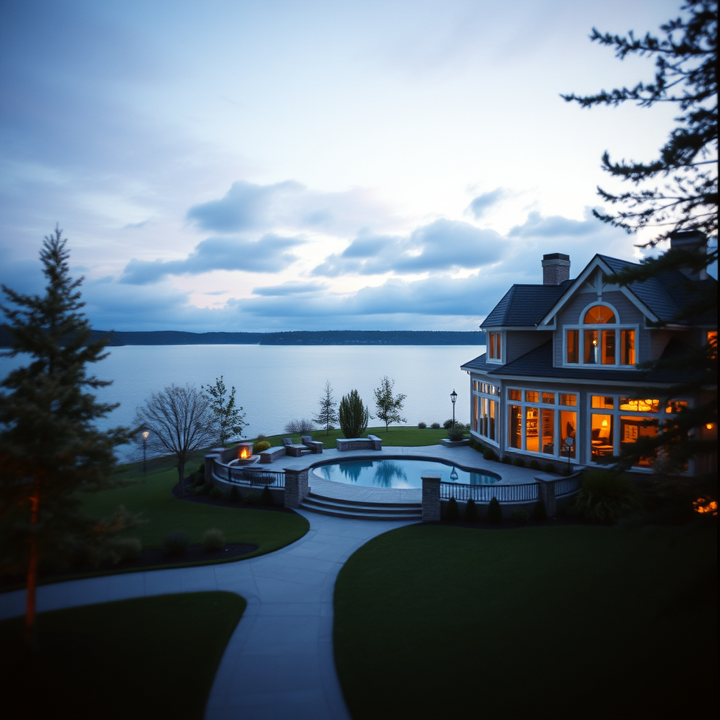 professional image of a luxury lakefront home with a different visual tone, lighting, color palette, or mood