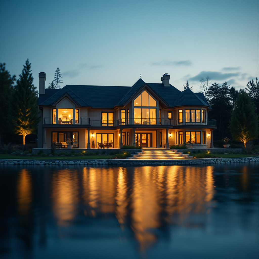 professional photo of a luxury lakefront home